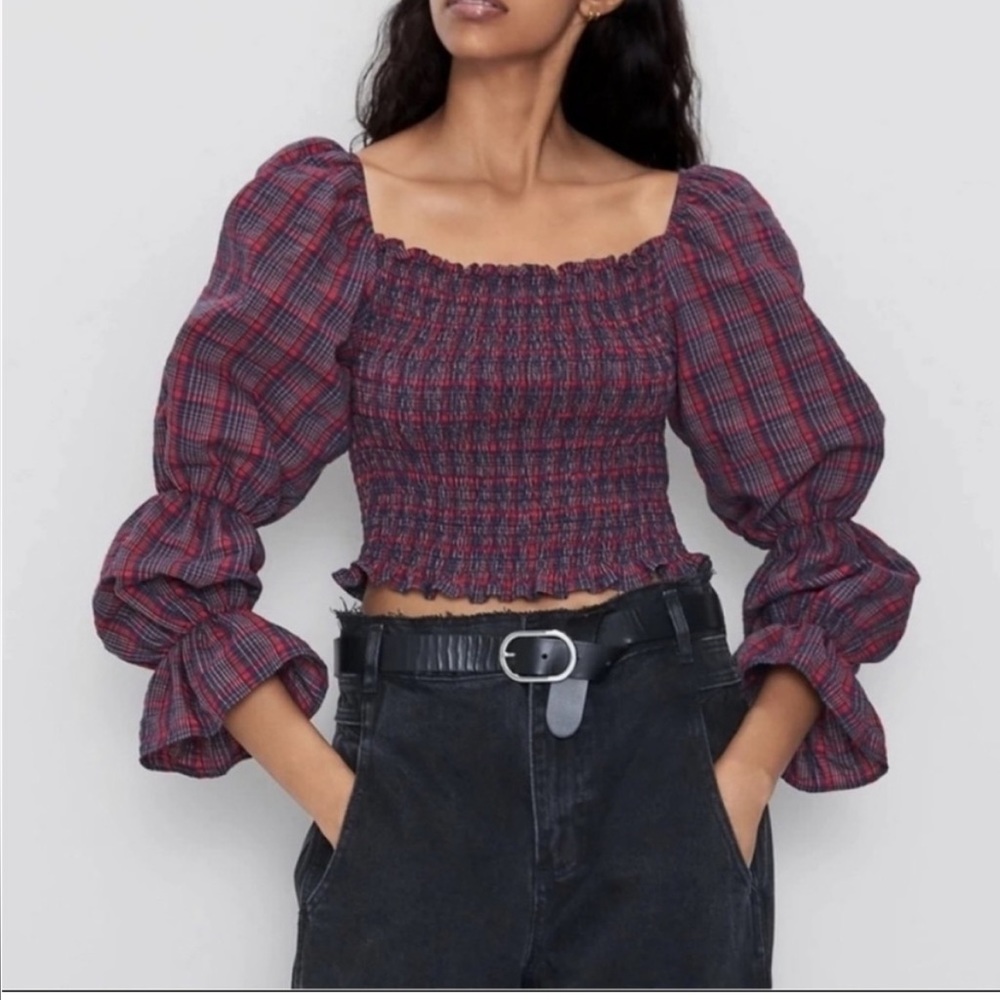 Zara Plaid Puff Sleeve Blouse